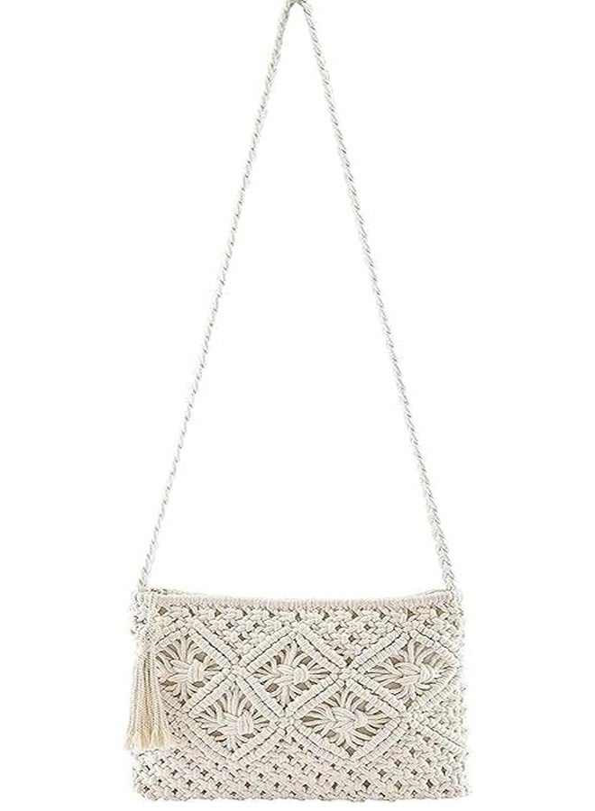 PARAH Women Macrame Shoulder Bag, Knitting Handmade Weaving Handbag, Simple Hollow Beach Bag,White - Size: Width 25 cm x Length 20 cm Off White COLOR - Image 1
